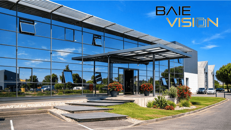Photo de la façade extérieur du bâtiment de l'entreprise Baie Vision avec logo Baie Vision