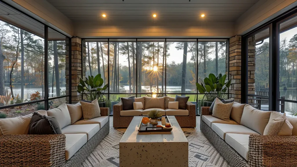 Vue depuis un salon avec une grande baie coulissante en Aluminium